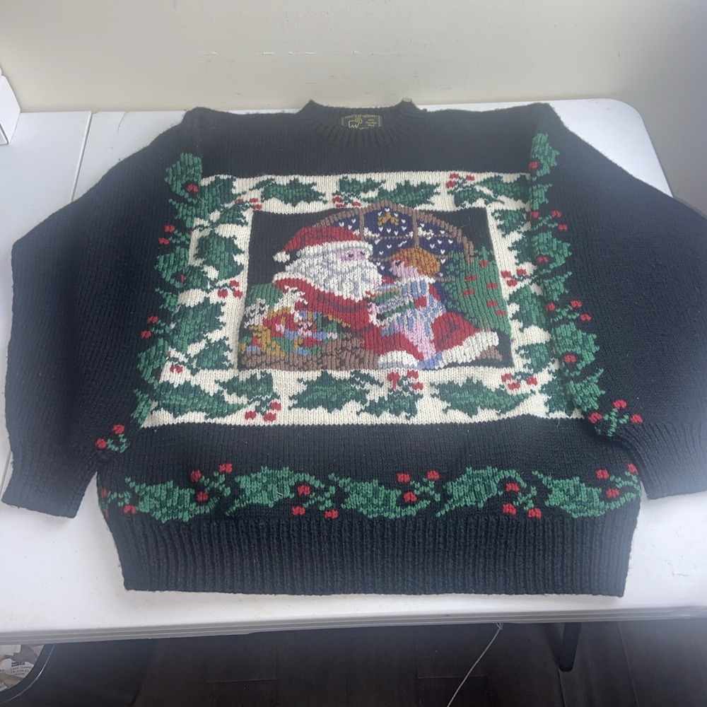 South Wool Christmas Sweater Womens Santa Hand Knit Navy 💯 Wool Sz Med